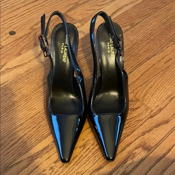 REPOST Saint Laurent Black Patent Leather Slingback Heels - Picture 2 of 5
